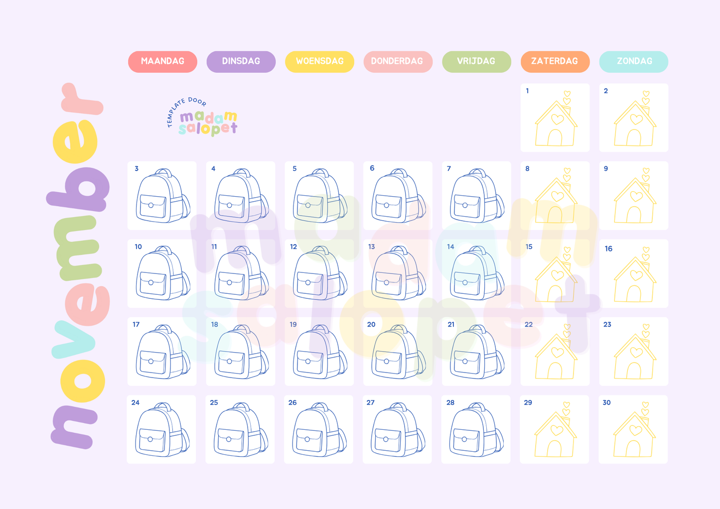 Printable: november kalender voor kinderen